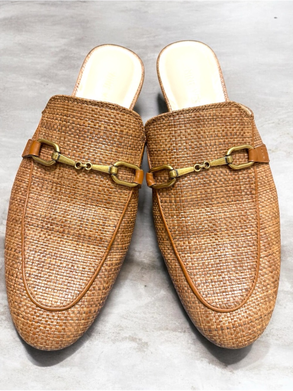 Woven Tan Slide Slip-On Mules Loafers Gold Horse-bit Detail Nine West Size 9